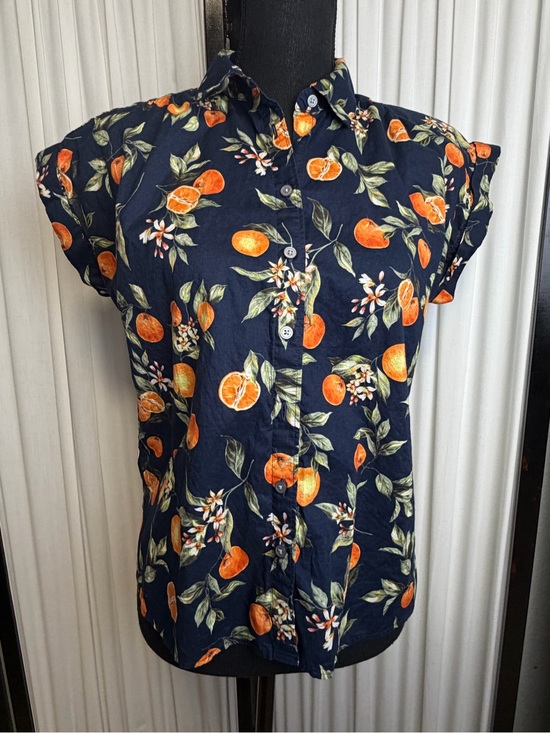 LOFT Tops - LOFT Navy Floral Print Petite Top with Orange Accent